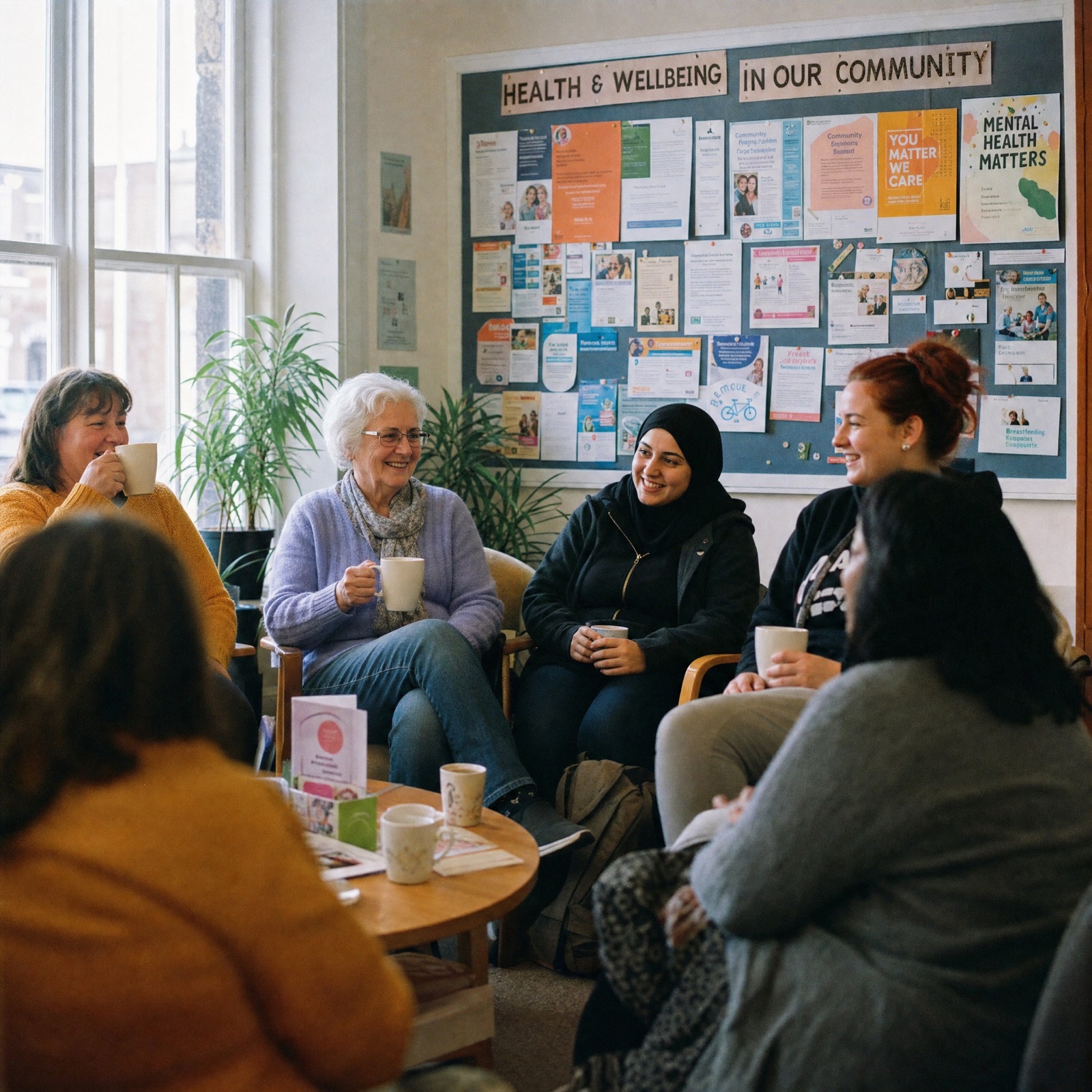 A community hall in Glenrothes, morning light, a group of disabled adults in a circle.