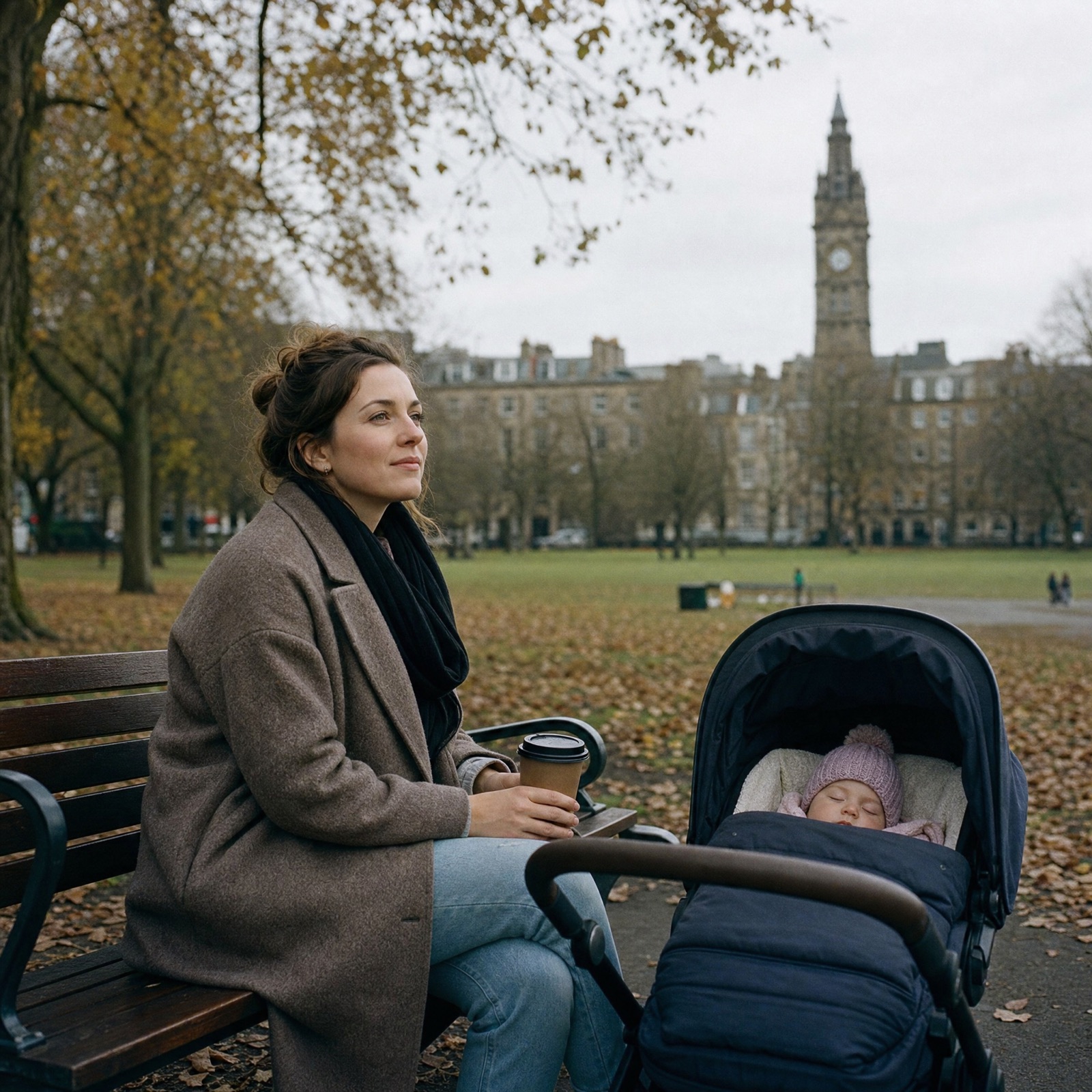 An older Scottish woman seated on a bench in a Fife park, looking thoughtfully off-camera.