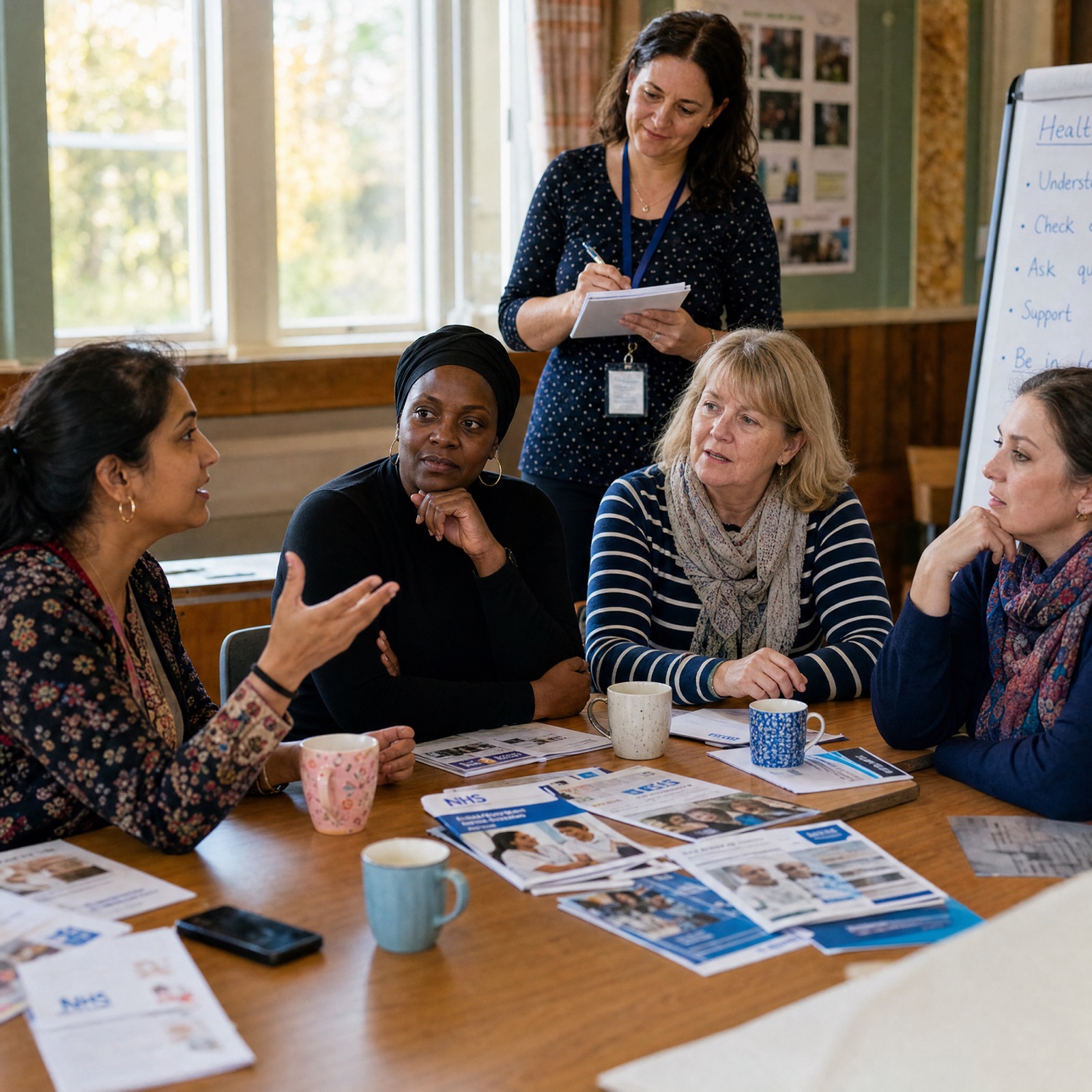A group of disabled adults in a warm community hall, engaged in a wellbeing session facilitated by a member of staff.
